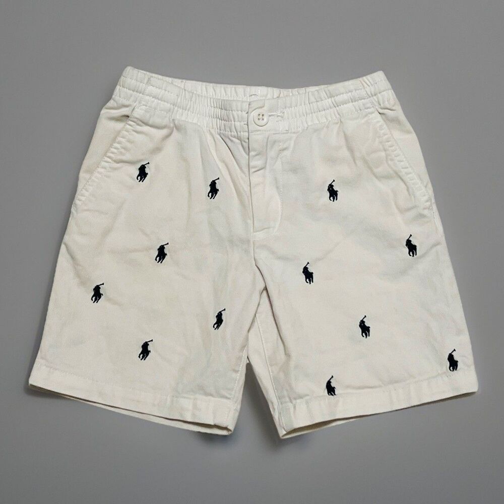 POLO Ralph Lauren White Chino Shorts Navy All Over Pony Logo Boys Sz 5